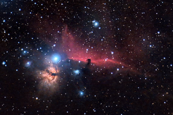 Barnard 33 : Nébuleuse obscure dans la constellation d'Orion distante de 1 600 années-lumière de la Terre - Magnitude apparente 11<br />24/02/2024 - 40 photos, 150mm, pause 15 secondes, 4000 iso