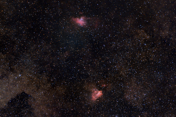 Nébuleuse diffuse à 1 680 années-lumière de la Terre - Magnitude apparente 6<br />21/06/2025 - D810A - 200mm, 30 photos, pause 10 secondes, 6400 iso<br />Au-dessus se trouvent IC 4703 - Nébuleuse de l'Aigle et M16 - Amas ouvert